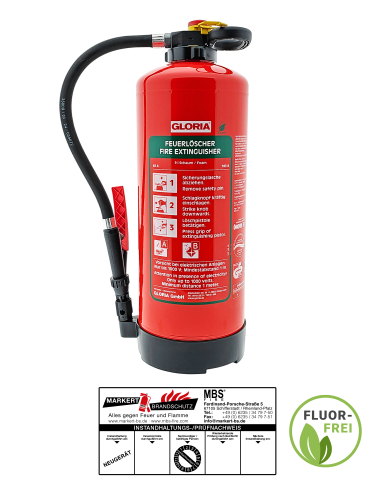 Gloria SKA+9PRO 9l fluorfreier Schaum Feuerlöscher + Plakette Fluorfrei, 12LE  (Schaummittel-Kartusche)